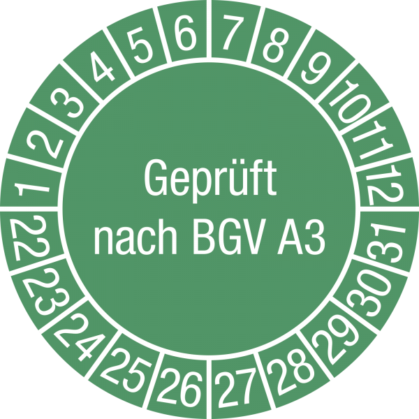 Prüfplakette Geprüft nach BGV A3 2022-2031, Dokumentenfolie, Ø 30 mm, 10 St./Bo.