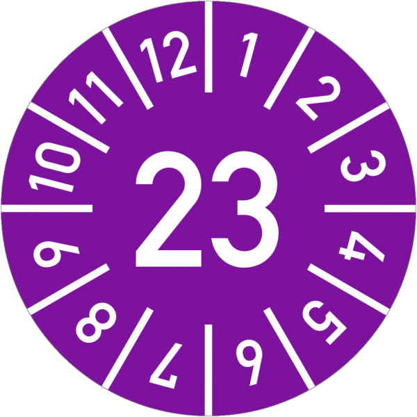Dreifke® Prüfplakette Jahr 23 mit Monaten, violett, Folie, Ø 25 mm, 10 St./Bo.