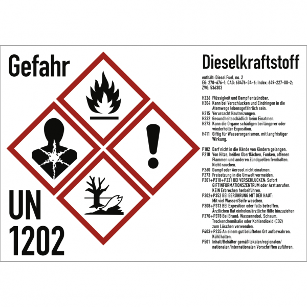 Dreifke® Gefahrstoffkennzeichnung Dieselkraftstoff nach GHS, Folie, 148x105 mm, Idx 2019