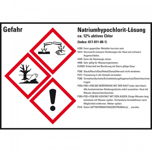Dreifke® Aufkleber I GHS-Etik.Natriumhypochlorit ca.12% akt.Chlor, GefStoffV/GHS/CLP, 148x105mm, 4/Bogen