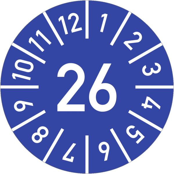 Dreifke® Prüfplakette Jahr 26 mit Monaten, blau, Folie, Ø 10 mm, 10 Stück/Bogen