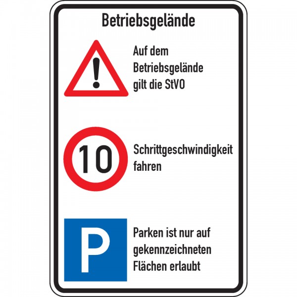 Dreifke® Schild I Kombischild Betriebsgelände, STVO und 10 km/h + Parken, Aluminium RA0, reflektierend, 600x900mm, nach StVO