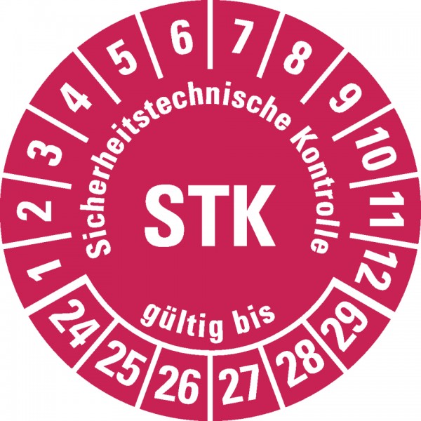 Dreifke® Prüfplakette STK 24-29, rot, Folie, mit Spezialkleber, Oberflächenschutz, Ø30mm, 18 Stück