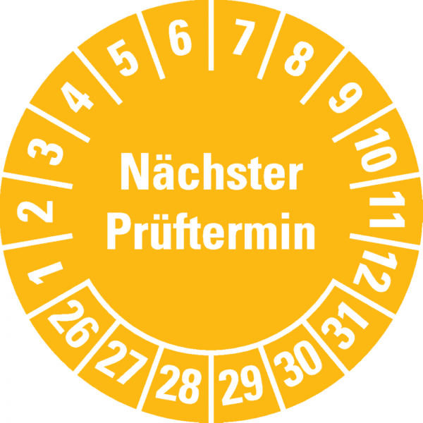 Dreifke® Prüfplakette Nächster Prüftermin 26-31, gelb, Schachbrettfolie, Ø 30mm, 18 Stk.