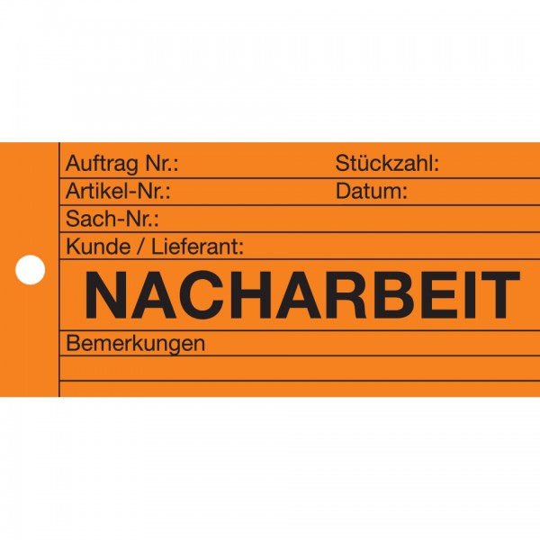 Qualitätsanhänger Nacharbeit, orange, Karton, mit Metallöse, 66x140mm, 100/VE