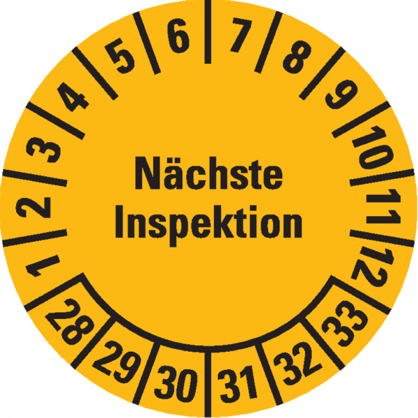 Dreifke® Prüfplakette Nächste Inspektion 28-33, gelb, Dokumentenfolie, Ø 20mm, 36 Stk.