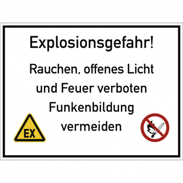 Dreifke® Schild Explosionsgefahr! Rauchen, offenes Licht und Feuer ..., Kunststoff, 400x300 mm