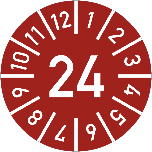 Dreifke® Prüfplakette Jahr 24 mit Monaten, rot, Folie, Ø 20 mm, 10 St./Bo.