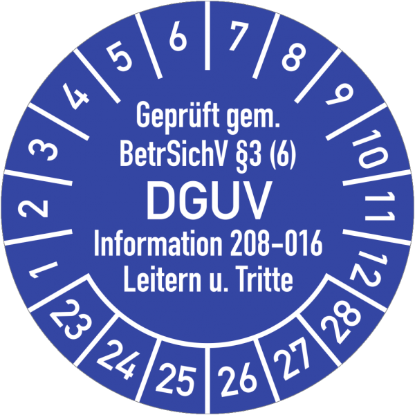 Dreifke® Prüfplakette Geprüft...BetrSichV...DGUV, 2023-2028, Folie, Ø 20 mm, 10 Stk./Bog.