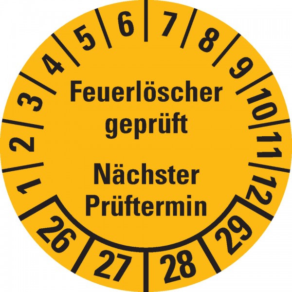 Dreifke® Prüfplakette Feuerlöscher geprüft,NP,26-29,gelb,Dokufolie,Ø 30mm,18/Bogen