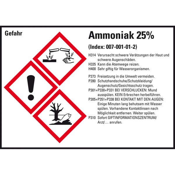 Dreifke® Aufkleber I Gefahrstoffetikett Ammoniak 25%, GefStoffV/GHS/CLP, Folie, 105x74mm, 8/Bogen