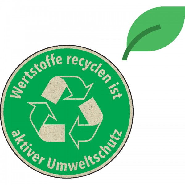Dreifke® Aufkleber | Hinweisschild Wertstoffe recyclen ist aktiver Umweltschutz, KRO, Graspapier, Ø100mm