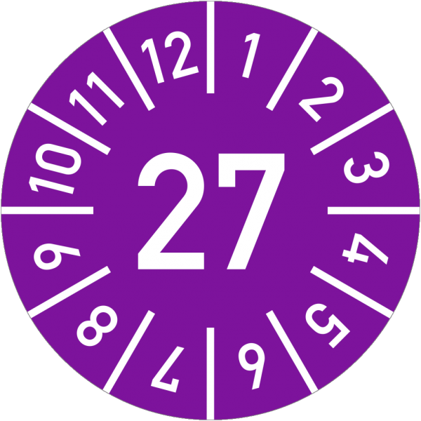 Dreifke® Prüfplakette Jahr 27 mit Monaten, violett, Folie-Spezialkl., Ø 30 mm, 10 St./Bo.