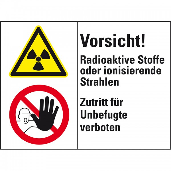 Dreifke® Aufkleber I Kombischild mit Symbol Vorsicht! Radioaktive Stoffe..., Folie, 200x150mm, ASR A1.3, DIN EN ISO 7010 D-P006 und W003