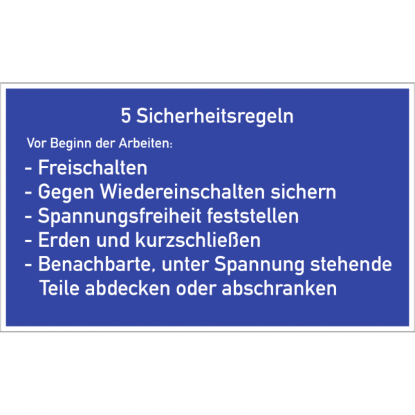 Dreifke® Kunststoff-Schild &quot;5 Sicherheitsregeln&quot;, 20x12cm (BxH), 1 Stück, Praxisbewährtes Textschild