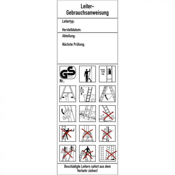 Dreifke® Aufkleber Leiter-Gebrauchsanweisung DGUV Information 208-016, Folie, 50x145 mm