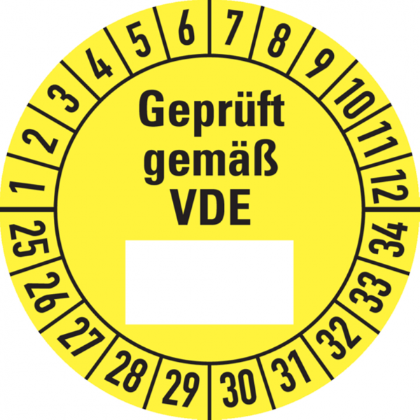 Dreifke® Aufkleber Prüfplakette, Geprüft gemäß VDE (Freifeld), gelb/schwarz, Folie, Ø 30 mm - Bogen = 10 Plaketten, Folie selbstklebend 10 Stk.