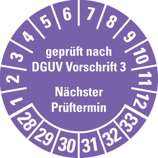 Dreifke® Prüfplakette gepr.n.DGUV Vorschrift 3 NP, 28-33, violett, Folie, ablösbar, Ø 30mm, 500 Stk.