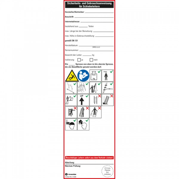 Dreifke® Leiter-Gebrauchsanweisung Schiebeleiter, Folie, ablösbar, 65x225mm, 2/Bogen, DIN EN 131-3