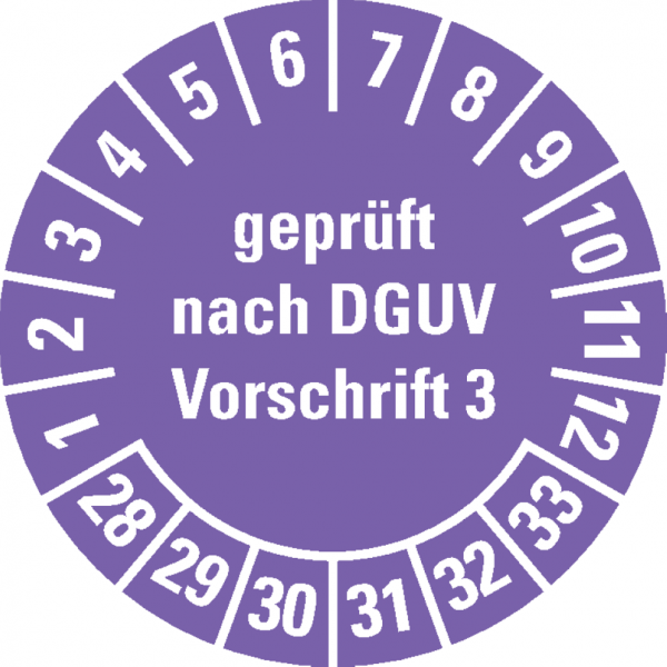 Dreifke® Prüfplakette gepr.n.DGUV Vorschrift 3, 28-33, violett, Folie, ablösbar, Ø 15mm, 60 Stk.