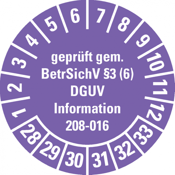 Dreifke® Prüfplakette gepr.gem.BetrSichV §3(6)DGUV, 28-33, violett, Dokufolie, Ø 30mm, 18 Stk.