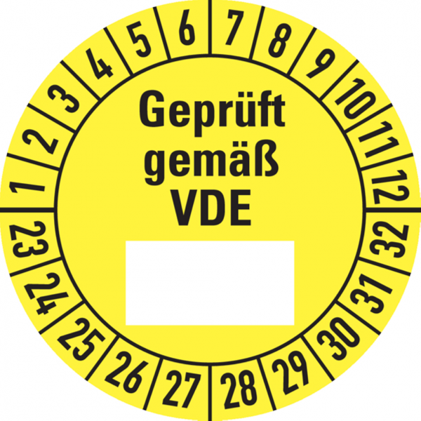 Dreifke® Prüfplakette, Geprüft gemäß VDE (Freifeld), gelb/schwarz, Folie, Ø 30 mm - Bogen = 10 Plaketten, Folie selbstklebend 10 Stk.