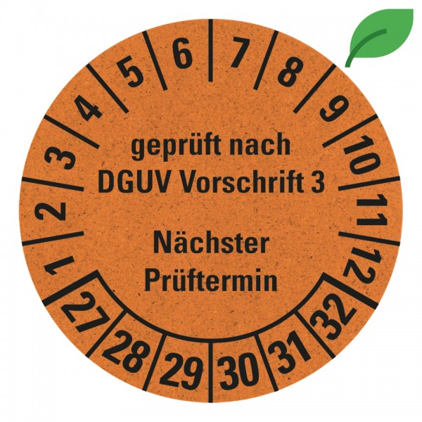 Dreifke® Prüfplakette gepr.n.DGUV Vorschrift 3,NP,27-32,orange,Graspapier,Ø30mm,500/Rolle