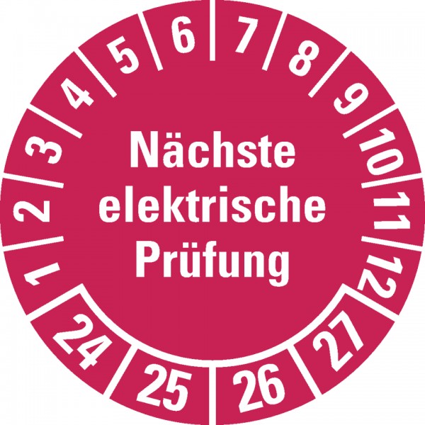 Dreifke® Aufkleber I Prüfplakette Nächste elektrische Prüfung 24-27, rot, Dokumentenfolie, Ø30mm, 18/Bogen