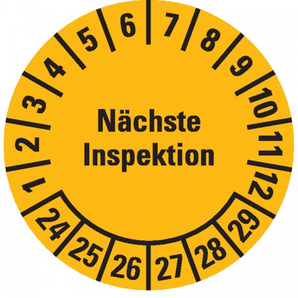 Dreifke® Aufkleber I Prüfplakette Nächste Inspektion 24-29, gelb, Dokumentenfolie, Ø 20mm, 36 Stück
