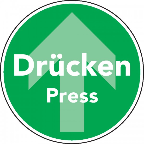 Dreifke® Aufkleber I Türhinweis Drücken/Press mit Pfeil, 2-sprachig, grün, Folie, selbstklebend, Ø 100mm