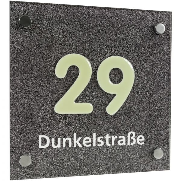 Dreifke® Hausnummernschild mit Straßenangabe,Acrylglas,Ziffer langnachleuchtend, 20x20 cm
