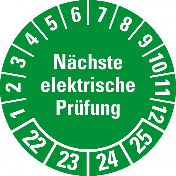 Dreifke® Aufkleber I Prüfplakette Nächste elektrische Prüfung 22-25, grün, Dokumentenfolie, Ø30mm, 18/Bogen