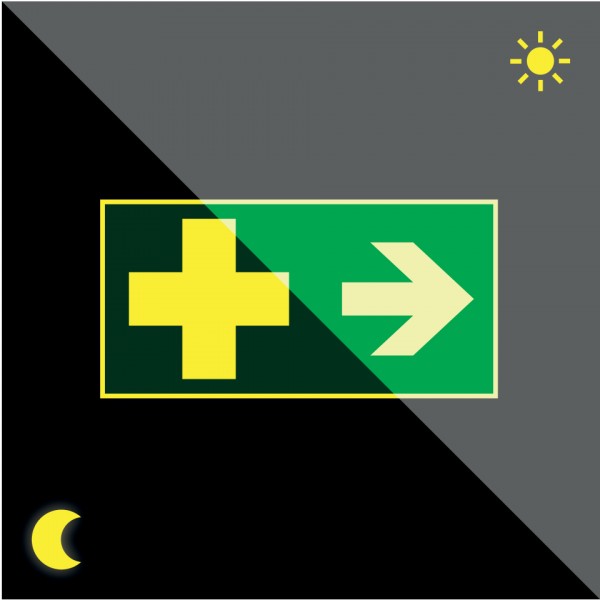 Schild | PERMALIGHT power langnachleuchtend Rettungszeichen Erste Hilfe rechts , ASR/ISO, Kunststoff, 300x150mm