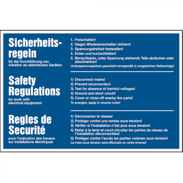 Dreifke® Aushang, 5 Sicherheitsregeln - deutsch, englisch, französisch | Folie selbstklebend | 300x200 mm, 1 Stk