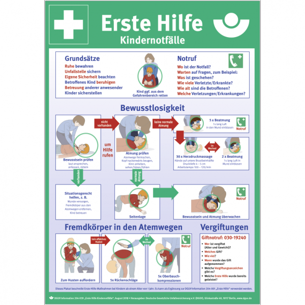 Dreifke® Aushang Erste Hilfe Kindernotfälle nach DGUV-Information 204-039,PVC,297x420 mm