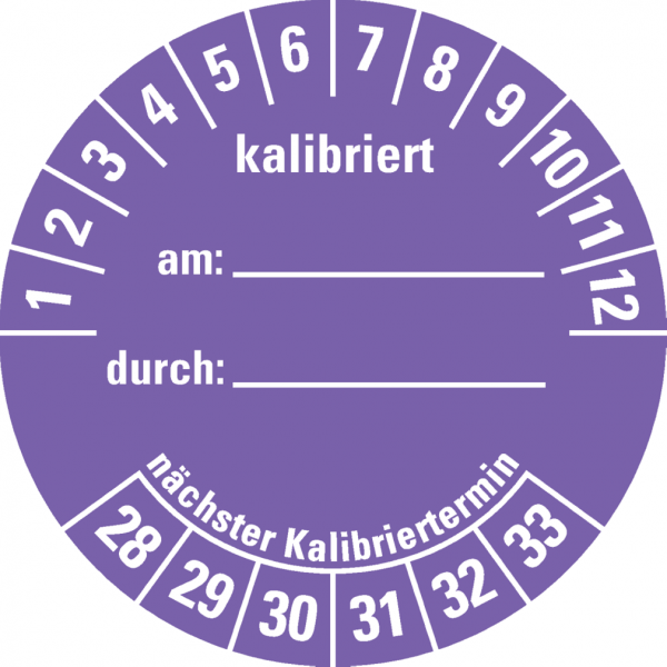 Dreifke® Prüfplakette kalibriert 28-33, violett, Dokumentenfolie, selbstkl., Ø 40mm, 10 Stk.