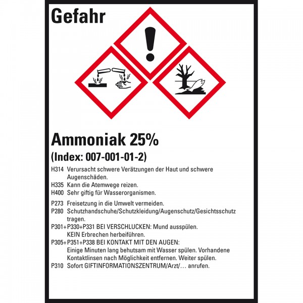 Dreifke® Aufkleber I Gefahrstoffetikett Ammoniak 25%, GefStoffV/GHS/CLP, Folie, 52x74mm, 10/Bogen