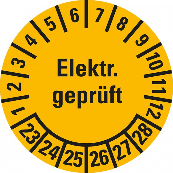 Dreifke® Aufkleber I Prüfplakette Elektronisch geprüft 23-28, gelb, Dokumentenfolie, selbstklebend, Ø 20mm, 36 Stück