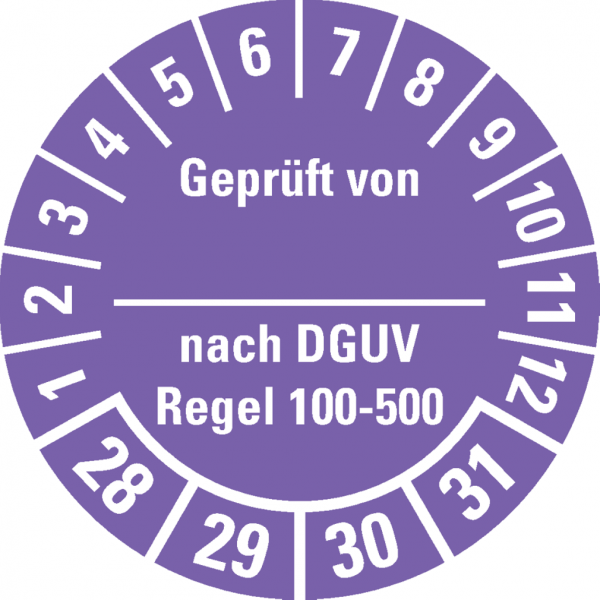 Dreifke® Prüfplakette Gepr.v...DGUV Regel 100-500 28-31, violett, Dokufolie, Ø30mm, 18 Stk.
