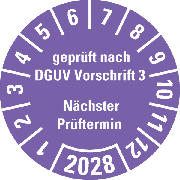Dreifke® Prüfplakette gepr.n.DGUV Vorschr.3 NP 28, violett, Dokufolie, Ø 25mm, 500 Stk.