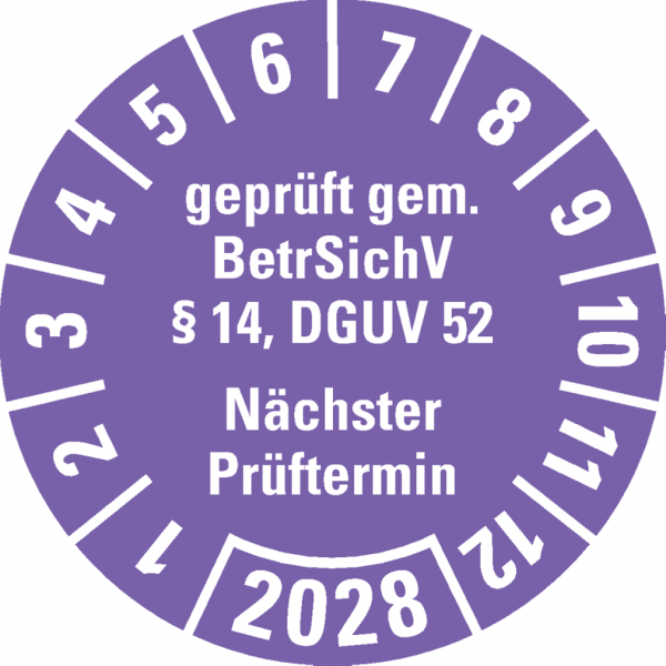 Dreifke® Prüfplakette BetrSichV §14, DGUV52, NP, 2028, violett, Folie, Spezialkleber, Ø30mm, 18 Stk.