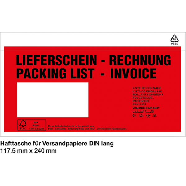 Dokumententasche, Lieferschein 11-sprachig, DIN &quot;lang&quot; - 1 Karton = 1000 Stk. | 240x11750 mm, 1000 Stk