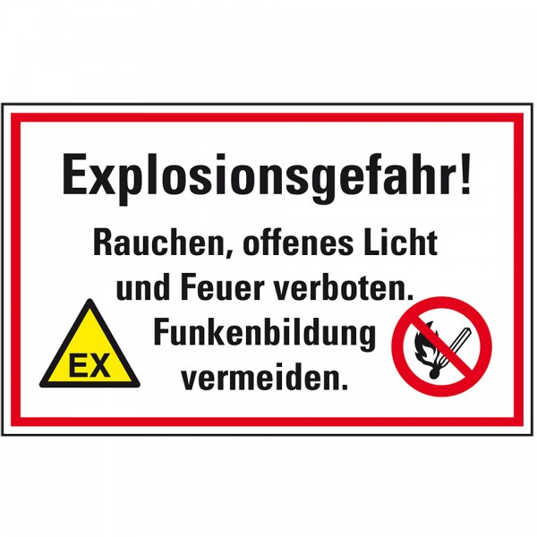Dreifke® Schild I Hinweis-Kombischild Explosionsgefahr! Rauchen, offenes Licht und Feuer verboten, Kunststoff, 300x200mm