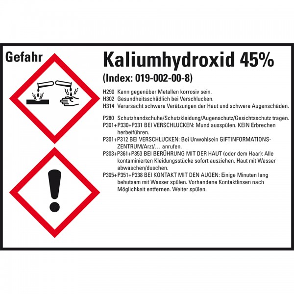 Dreifke® Aufkleber I GHS-Etikett Kaliumhydroxid 45%, GefStoffV/GHS/CLP, Folie, 105x74mm, 8/Bogen
