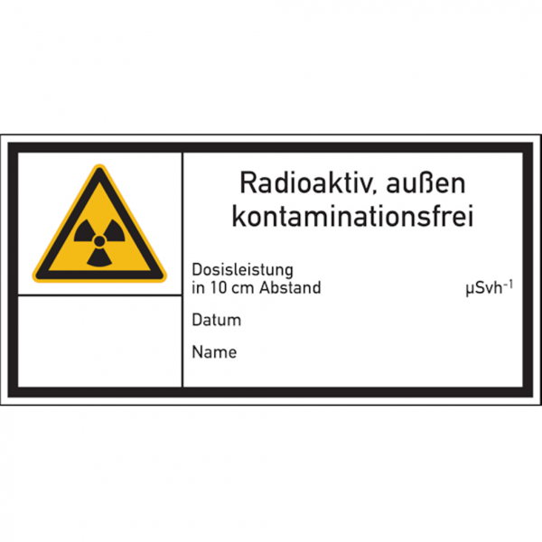 Dreifke® Warnschild Strahlenschutz Radioaktiv, außen kontaminationsfrei (E200) | Folie selbstklebend | 148x74 mm, 1 Stk