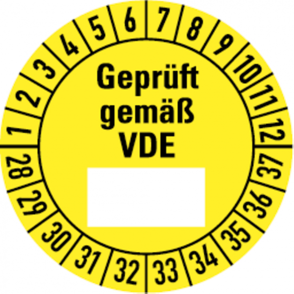 Dreifke® Aufkleber | Etikett Geprüft gemäß VDE ab 28, gelb/schwarz - 30 mm Folie selbstklebend, 10 St