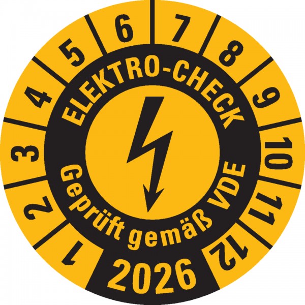 Dreifke® Prüfplakette ELEKTRO-CHECK Geprüft.., 2026, gelb, Dokumentenfolie, Ø 20mm, 36 Stück