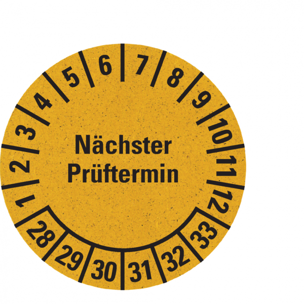 Dreifke® Prüfplakette Nächster Prüftermin 28-33, gelb, Graspapier, selbstkl., Ø 30mm, 18 Stk.