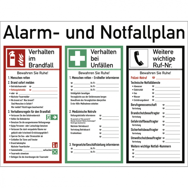 Dreifke® Schild Alarm- und Notfallplan ISO 7010, Kunststoff, 620x480 mm