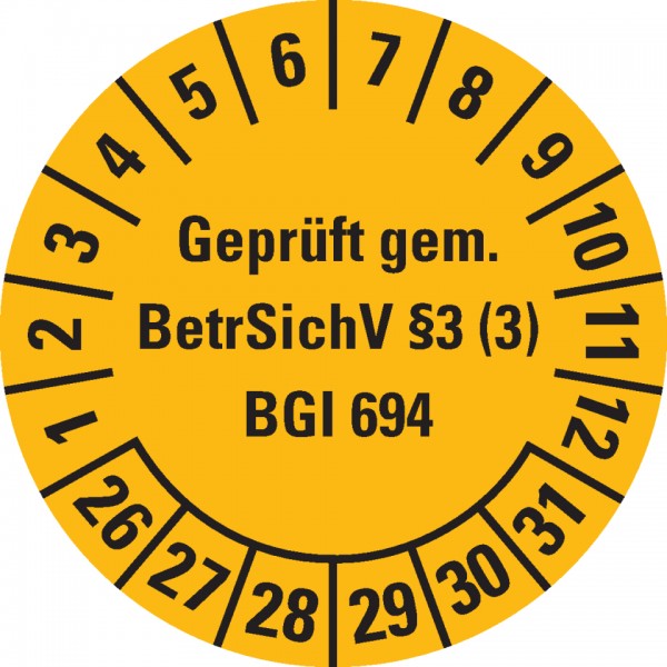 Dreifke® Prüfplakette BGI 694 26-31, gelb, Dokumentenfolie, selbstklebend, Ø30mm, 18 Stück